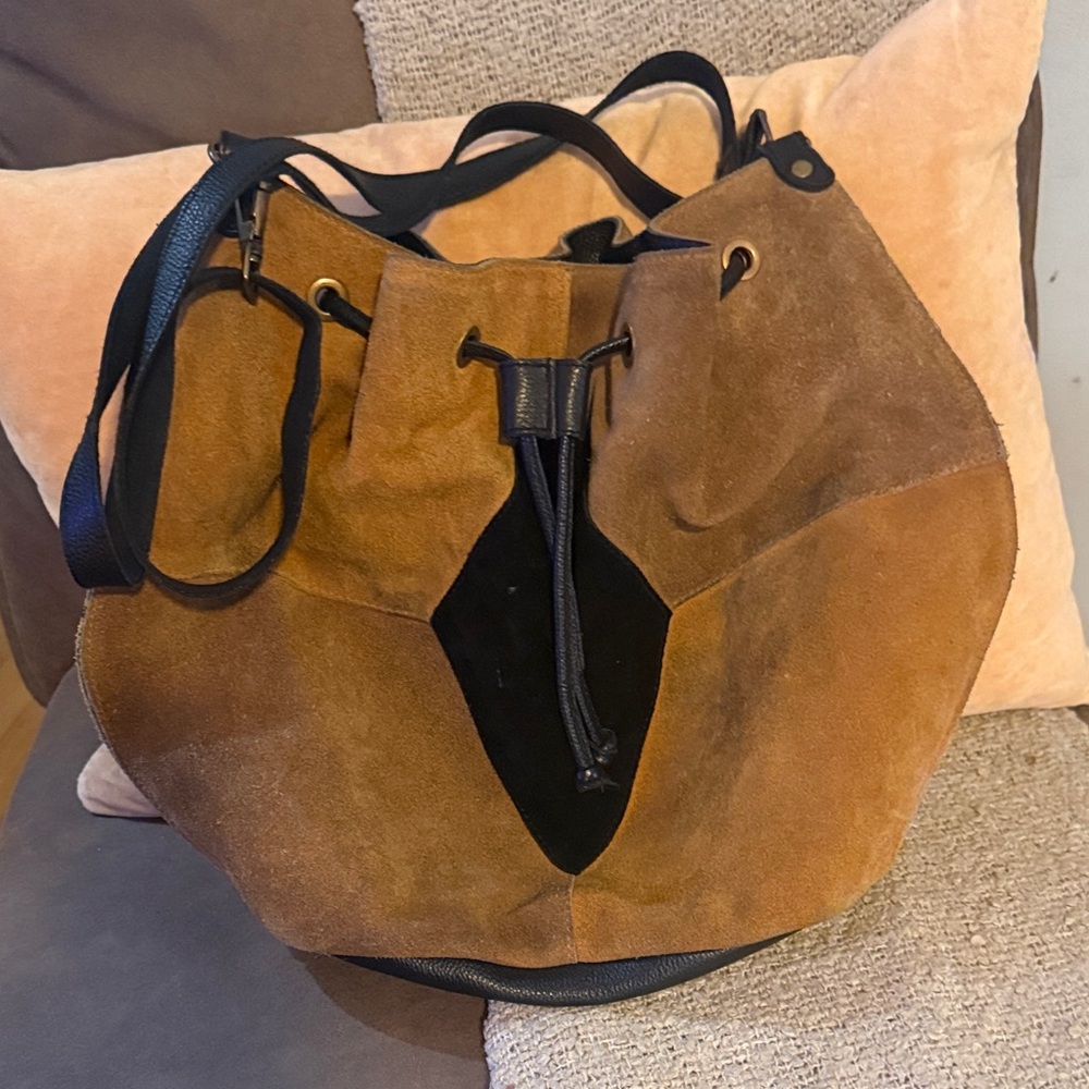 Free People Brown Suede Drawstring Bucket Crossbody Bag with Black Accents